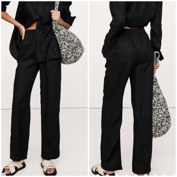 Banana Republic TALL Linen Pull On Ankle Pant Black L 713472 - Picture 1 of 11